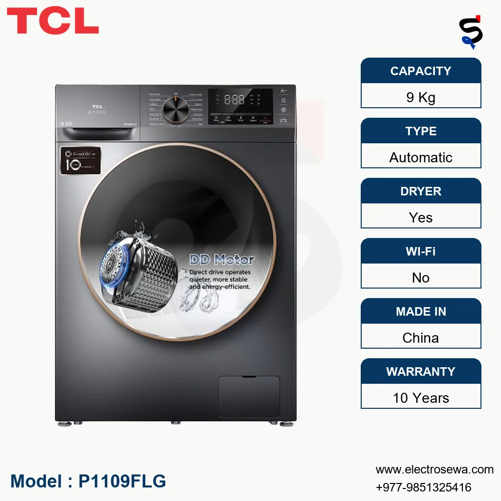 TCL Washing Machine – Front Loading – 9 Kg (P1109FLG)